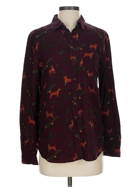 beachlunchlounge Tops - Sz S  Vintage English Country Style Burgundy Printed Button-Up Shirt, Corgis